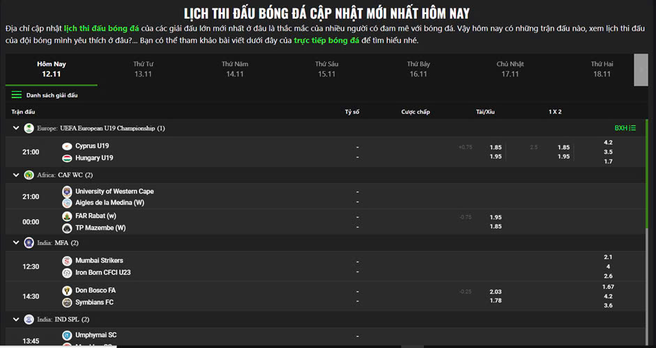 Cập nhật lịch thi đấu cả trong ngày và trong tuần trên Xôi Lạc